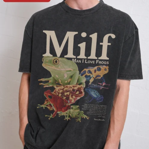 Milf Man I Love Frogs Tee Funny Adult Humor Graphic T-Shirt Vintage Wash Frog Lover Gift on a hanger, ready to ship from Chicago, Illinois