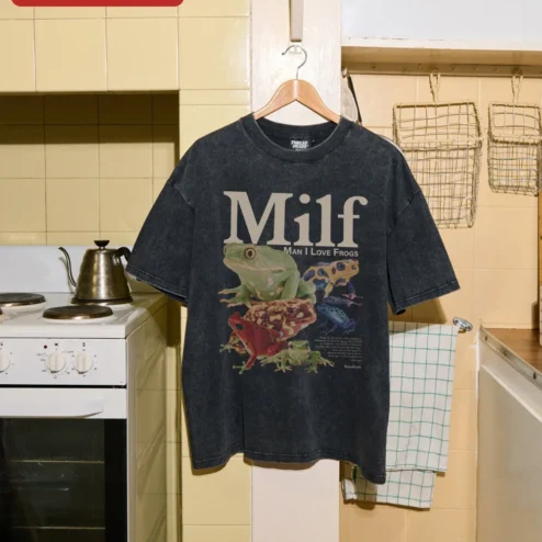 Milf Man I Love Frogs Tee Funny Adult Humor Graphic T-Shirt Vintage Wash Frog Lover Gift