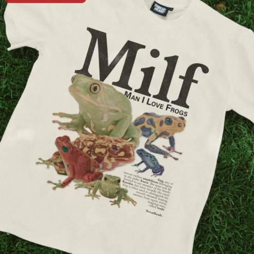 Milf Man I Love Frogs Tee Funny Frog Lover Gift Graphic T-Shirt for Men on a hanger, ready to ship from Chicago, Illinois