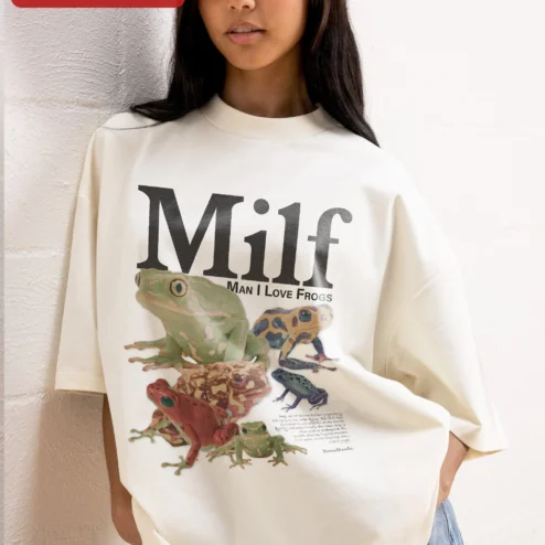 Close-up of Milf Man I Love Frogs Tee Funny Frog Lover Graphic Shirt Novelty Gift for streetwear fans in Chicago, Illinois