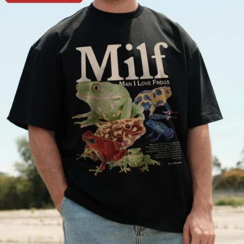 Milf Man I Love Frogs Tee Funny Frog Lover Graphic Shirt Novelty Gift on a hanger, ready to ship from Chicago, Illinois