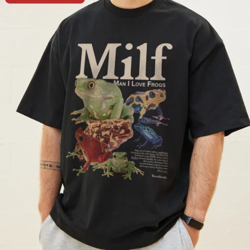 Close-up of Milf Man I Love Frogs Tee Funny Frog Lover Graphic Shirt Novelty Gift for streetwear fans in Chicago, Illinois