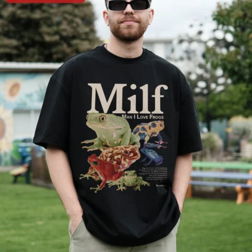 Customer in Chicago, Illinois wearing Milf Man I Love Frogs Tee Funny Frog Lover Graphic Shirt Novelty Gift