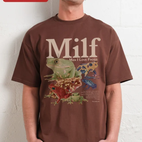 Close-up of Milf Man I Love Frogs Tee Funny Frog Lover Graphic Shirt Novelty Gift for streetwear fans in Chicago, Illinois