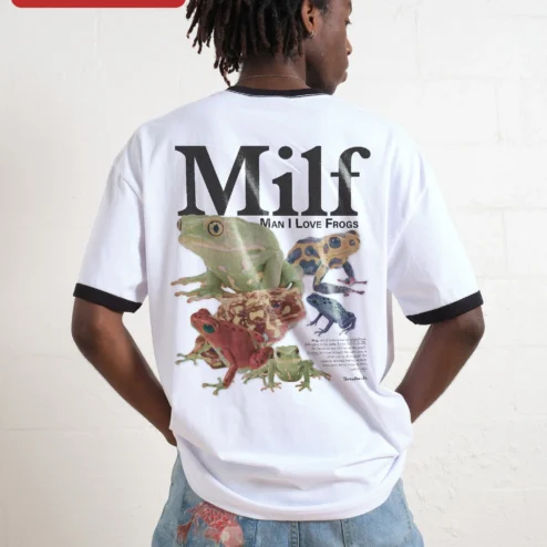 Customer in Chicago, Illinois wearing Milf Man I Love Frogs Tee Funny Frog Lover Graphic T-Shirt for Men