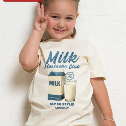 Milk Mustache Club Sip In Style Kids Tee Funny Milk Mustache Shirt For Toddlers on a hanger, ready to ship from Chicago, Illinois