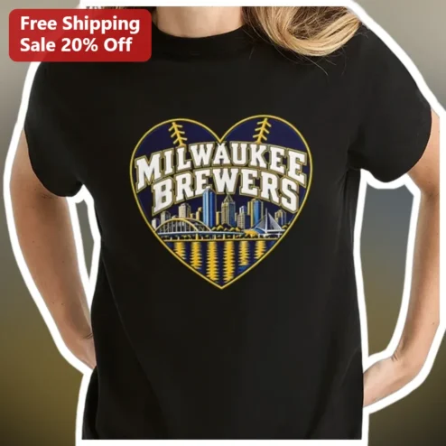 Milwaukee Brewers Heart Baseball Stitching Skyline Tee Fan Gear Gift for Men Women