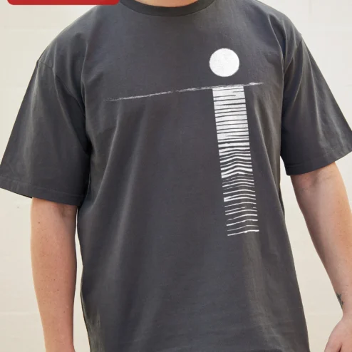 Minimalist Sun and Reflection Graphic Tee Abstract Horizon Design for Men on a hanger, ready to ship from Chicago, Illinois