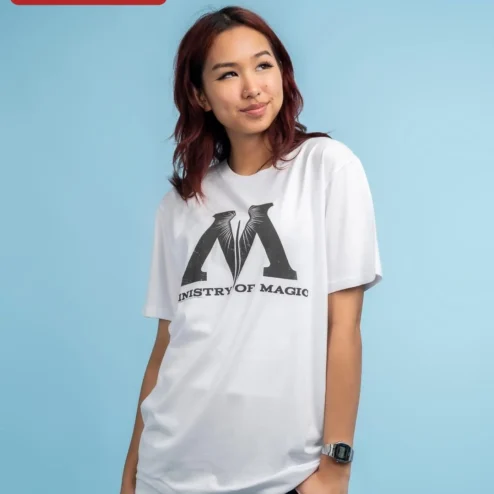 Ministry of Magic Logo Distressed Graphic Tee Wizarding World Fan Gift T-Shirt on a hanger, ready to ship from Chicago, Illinois