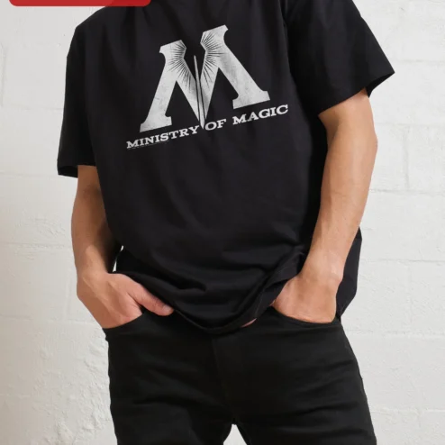 Customer in Chicago, Illinois wearing Ministry of Magic Logo Distressed Graphic Tee Wizarding World Fan Gift T-Shirt