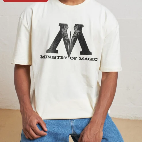 Close-up of Ministry of Magic Logo Distressed Graphic Tee Wizarding World Fan Gift T-Shirt for streetwear fans in Chicago, Illinois