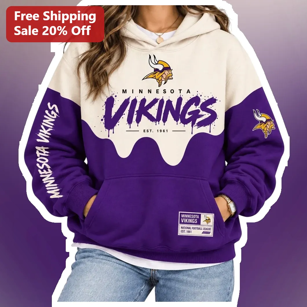 Minnesota Vikings Est 1961 Hoodie Vintage NFL Fan Apparel Purple Cream Color Block