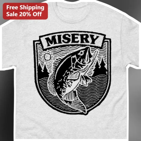 MISERY Tee Vintage Woodcut Fishing Graphic Shirt for Anglers Outdoor Enthusiasts