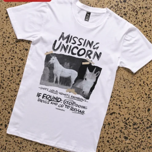 Customer in Chicago, Illinois wearing Missing Unicorn Shits Gold Vomits Rainbows Funny Sarcastic Graphic Tee