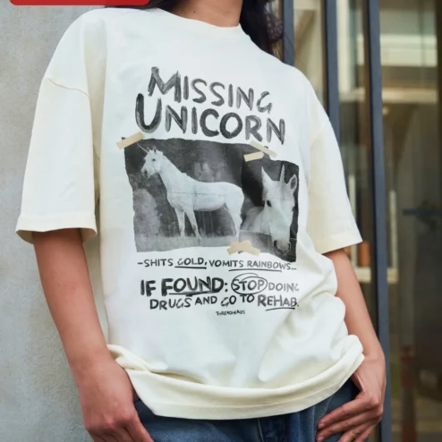 Customer in Chicago, Illinois wearing Missing Unicorn Shits Gold Vomits Rainbows Funny Sarcastic Graphic Tee