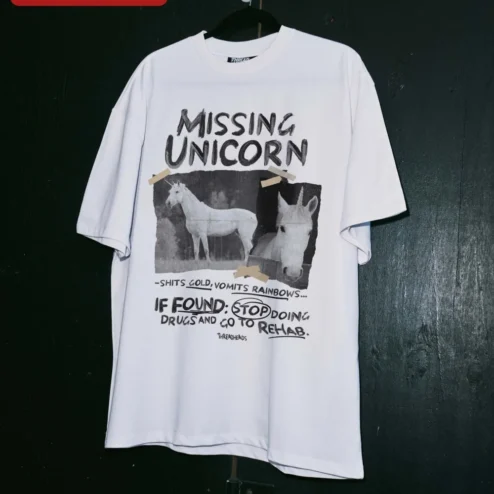 Close-up of Missing Unicorn Shits Gold Vomits Rainbows Funny Sarcastic Graphic Tee for streetwear fans in Chicago, Illinois