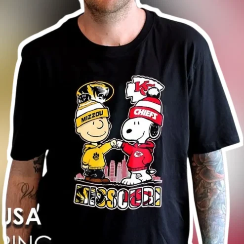 Mizzou Chiefs Charlie Brown Snoopy Fist Bump Graphic Tee Missouri Tigers Kansas City Fans