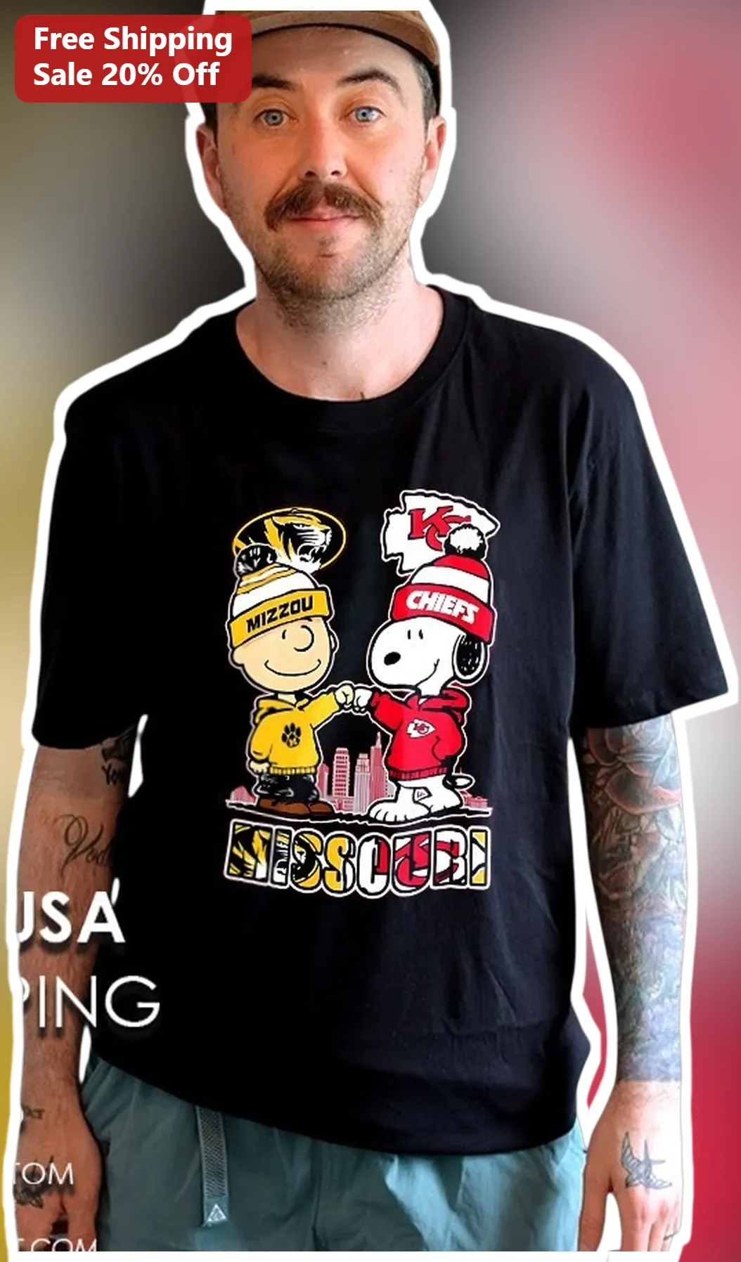 Mizzou Chiefs Charlie Brown Snoopy Fist Bump Graphic Tee Missouri Tigers Kansas City Fans