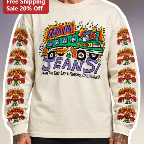 Mom Jeans From The East Bay Fresno California Crewneck Sweatshirt Retro Cartoon Flame Bus Graphic