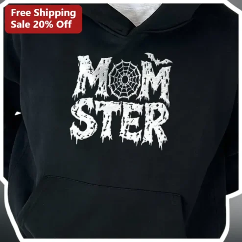 MOMSTER Hoodie Halloween Spiderweb Graphic Pullover Funny Mom Gift Spooky Y2K Style