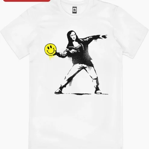 Mona Lisa Tee Smile Thrower Street Art Graphic T-Shirt for Men Women on a hanger, ready to ship from Chicago, Illinois