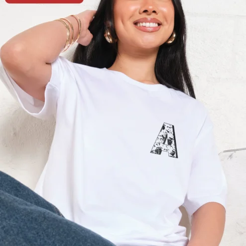 Customer in Chicago, Illinois wearing Monogram Letter Collage Ringer Tee Personalized Initial Graphic Shirt for Women