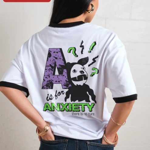Close-up of Monogram Letter Collage Ringer Tee Personalized Initial Graphic Shirt for Women for streetwear fans in Chicago, Illinois