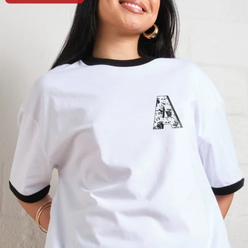 Monogram Letter Collage Ringer Tee Personalized Initial Graphic Shirt for Women