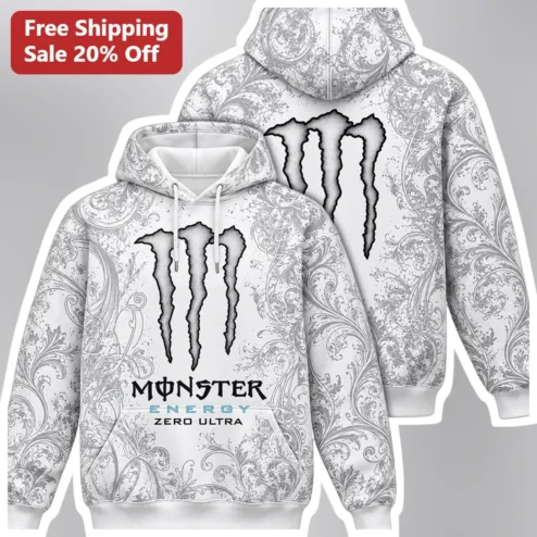 Monster Energy Zero Ultra Hoodie White Baroque Claw Logo Streetwear Pullover for Gamers