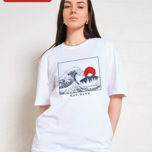 Monte Fujiyama Tee Japanese Wave Art Hokusai Style Mount Fuji Graphic Shirt Vintage Travel Souvenir on a hanger, ready to ship from Chicago, Illinois