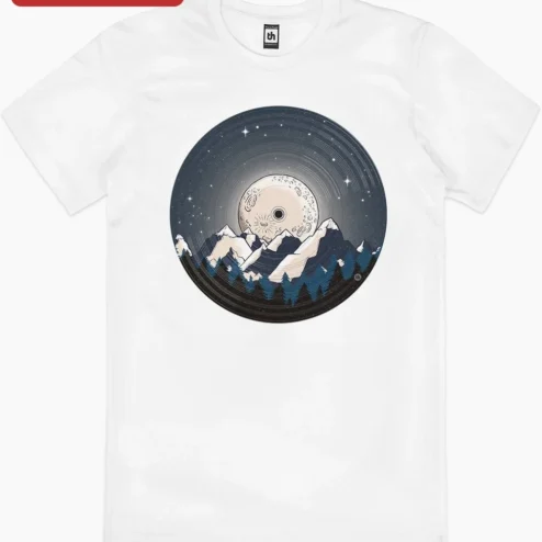 Close-up of Moon Over Mountains Vinyl Record Design Tee Retro Celestial Music Lover Gift for streetwear fans in Chicago, Illinois