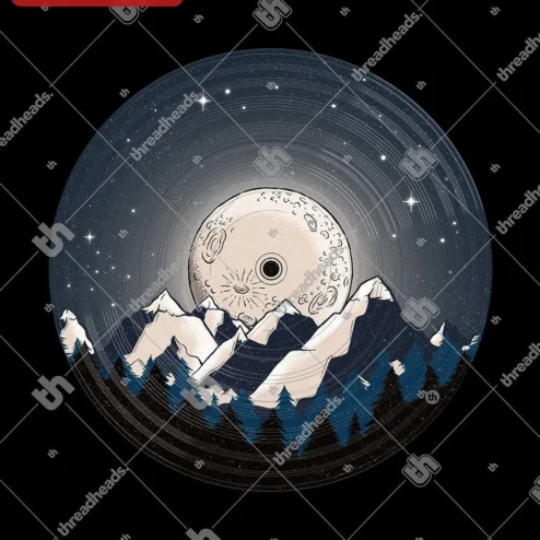 Moon Over Mountains Vinyl Record Design Tee Retro Celestial Music Lover Gift