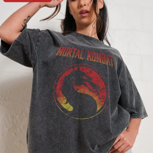 Mortal Kombat Vintage Acid Wash Tee Retro Gaming Dragon Logo Graphic T-Shirt for Gamers