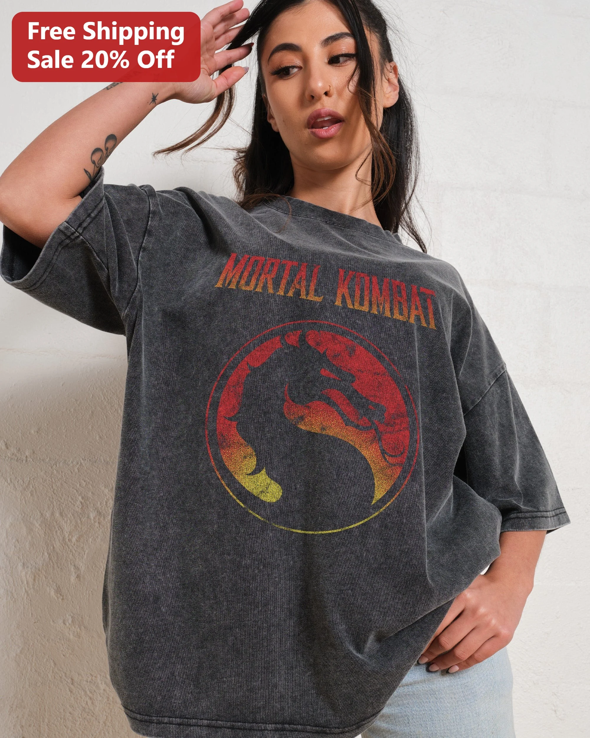 Mortal Kombat Vintage Acid Wash Tee Retro Gaming Dragon Logo Graphic T-Shirt for Gamers
