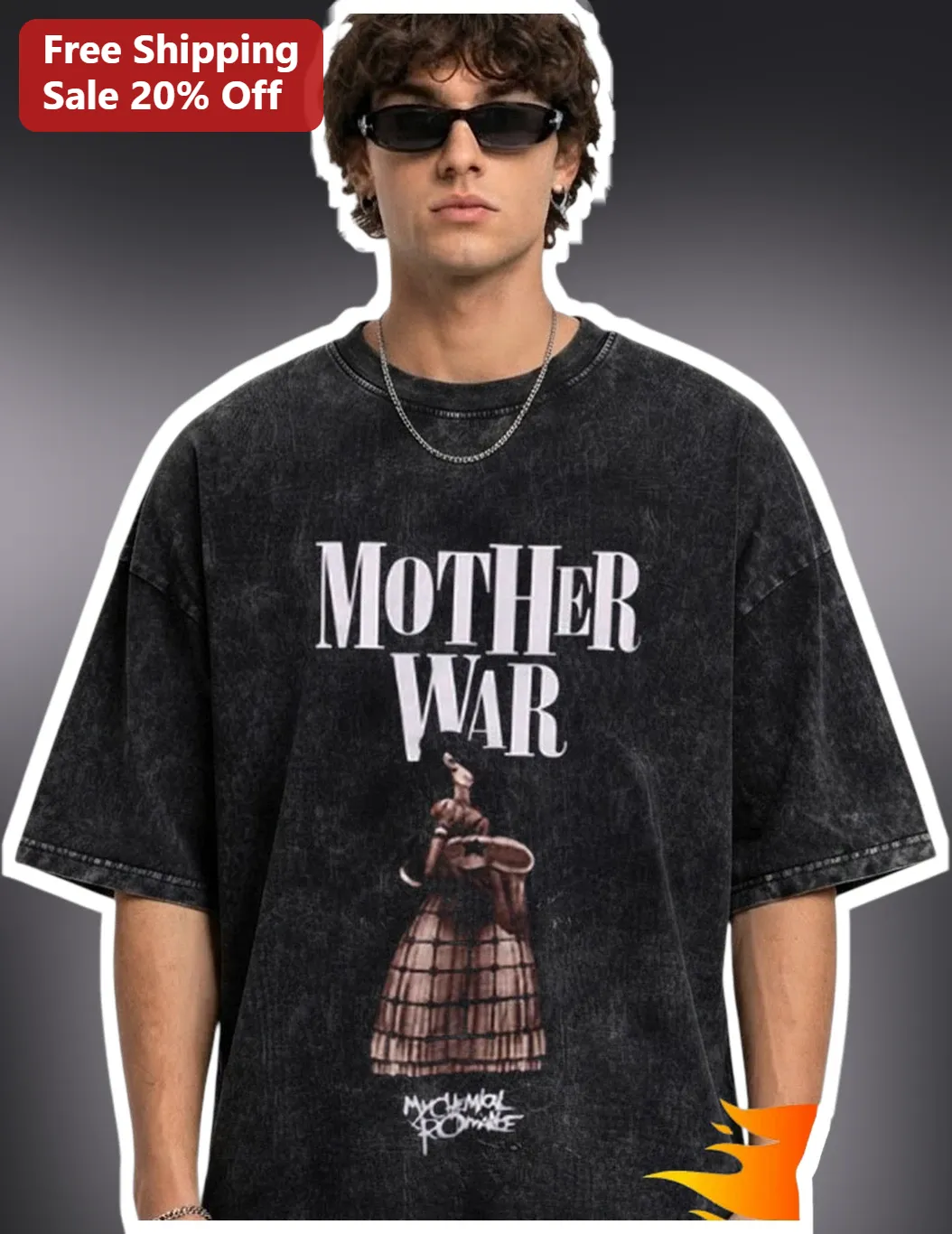 Mother War Tee My Chemical Romance The Black Parade Acid Wash Oversized Graphic T-Shirt