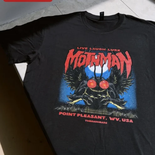 Close-up of Mothman Live Laugh Lurk Point Pleasant WV Graphic Tee Cryptid Humor Shirt for streetwear fans in Chicago, Illinois