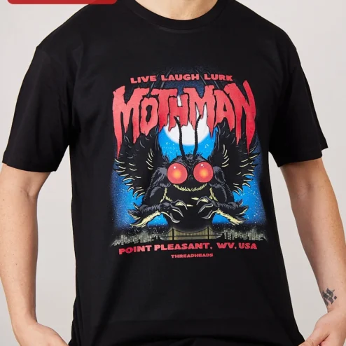 Customer in Chicago, Illinois wearing Mothman Live Laugh Lurk Point Pleasant WV Graphic Tee Cryptid Humor Shirt