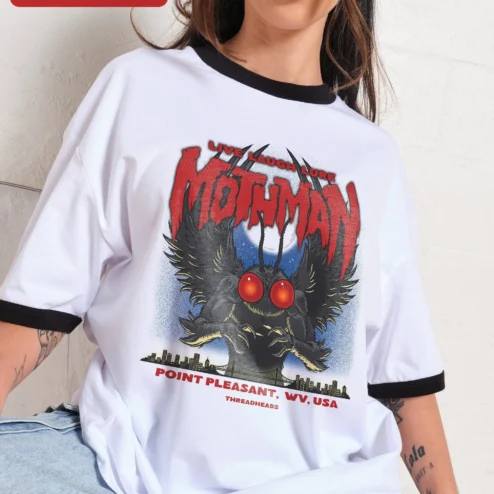 Close-up of Mothman Live Laugh Lurk Point Pleasant WV Graphic Tee Cryptid Humor Shirt for streetwear fans in Chicago, Illinois