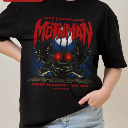 Customer in Chicago, Illinois wearing Mothman Live Laugh Lurk Point Pleasant WV Graphic Tee Cryptid Humor Shirt