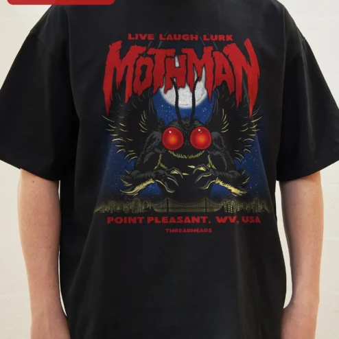 Mothman Live Laugh Lurk Point Pleasant WV Tee Cryptid Souvenir Shirt on a hanger, ready to ship from Chicago, Illinois