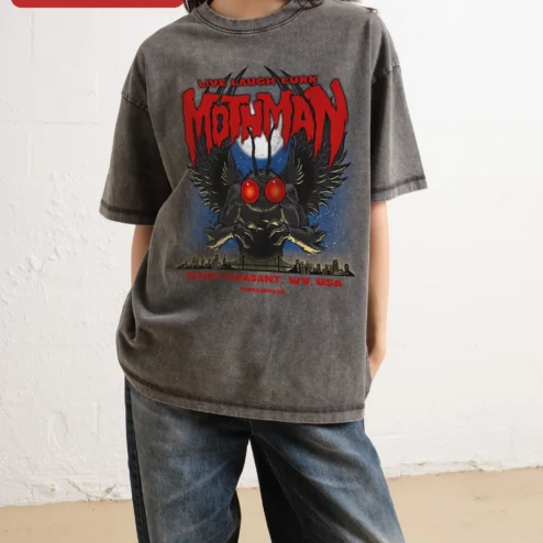 Mothman Point Pleasant WV Live Laugh Lurk Graphic Tee on a hanger, ready to ship from Chicago, Illinois