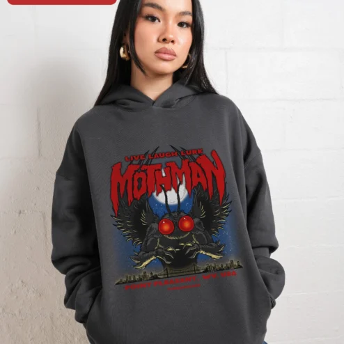 Mothman Point Pleasant WV Live Laugh Lurk Hoodie on a hanger, ready to ship from Chicago, Illinois