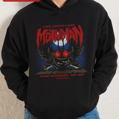 Customer in Chicago, Illinois wearing Mothman Point Pleasant WV Live Laugh Lurk Hoodie