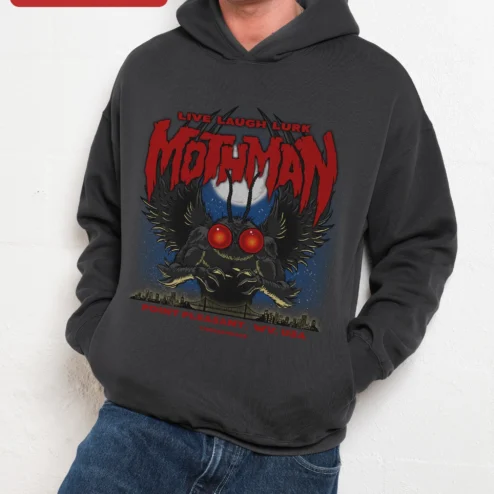Close-up of Mothman Point Pleasant WV Live Laugh Lurk Hoodie for streetwear fans in Chicago, Illinois