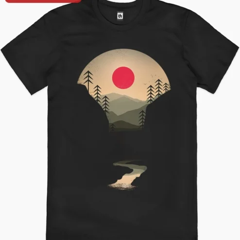Mountain Landscape Silhouette Adventure Tee Vintage Hiking Camping Graphic Shirt for Outdoor Enthusi on a hanger, ready to ship from Chicago, Illinois