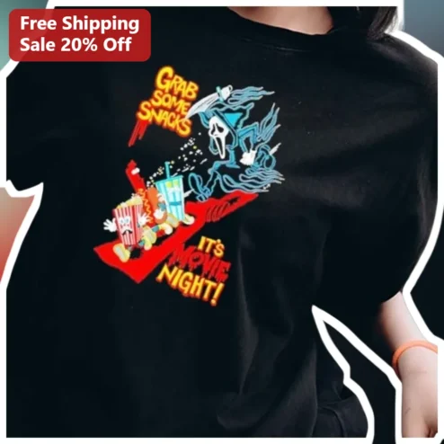 Movie Night Ghostface Grab Some Snacks Tee Horror Comedy Gift for Halloween Fans