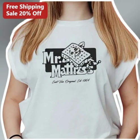 Mr. Mattress East Van Original Est. 1964 Retro Mascot Graphic Tee Vancouver Souvenir Shirt available at our Chicago, Illinois warehouse