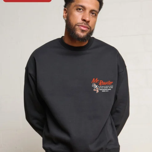 Mr. Roaster All You Can Eat Recycled Chicken Threadheads Goods Sweatshirt on a hanger, ready to ship from Chicago, Illinois