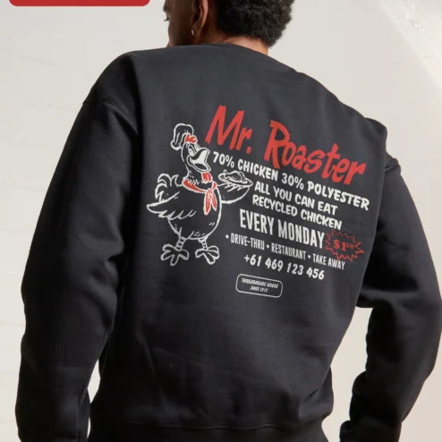 Close-up of Mr. Roaster All You Can Eat Recycled Chicken Threadheads Goods Sweatshirt for streetwear fans in Chicago, Illinois