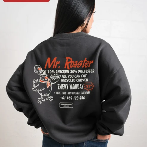 Customer in Chicago, Illinois wearing Mr. Roaster All You Can Eat Recycled Chicken Threadheads Goods Sweatshirt